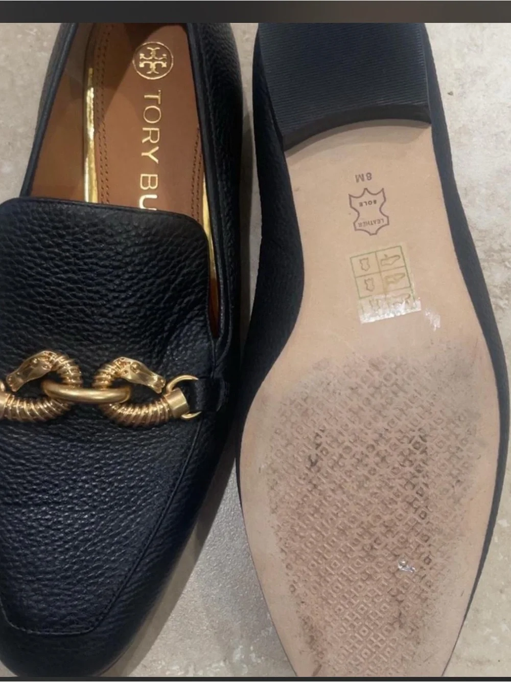 Tory Burch Black Leather Loafers with Gold Plaque